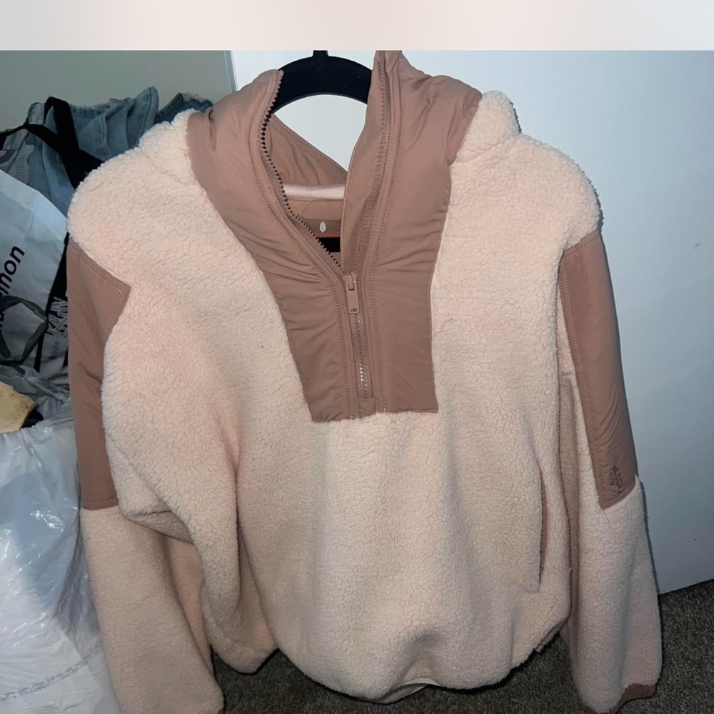 Free People Pink and Tan Teddy Jacket Plush Cozy Design